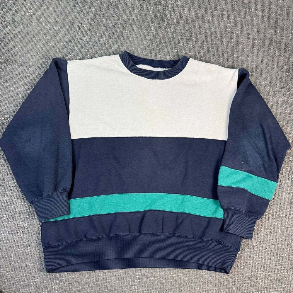 Vintage Colorblock Sweatshirt Unisex XL Navy White Teal 90s Retro Crewneck